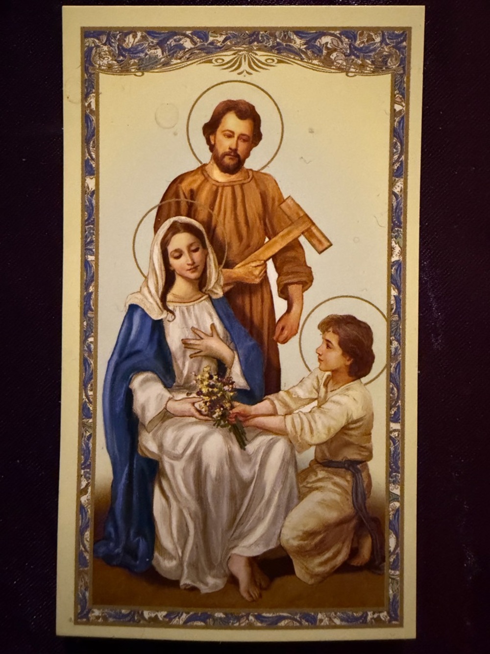 Religious Holy Family Prayer Card - Blue and Cream. Flowers